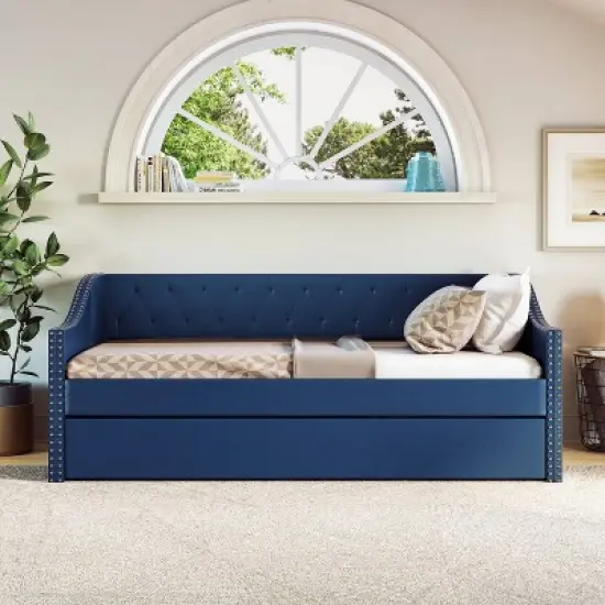 Twin Nova Faux Leather Upholstered Sofa Daybed with Trundle Blue - Eco Dream image {2}