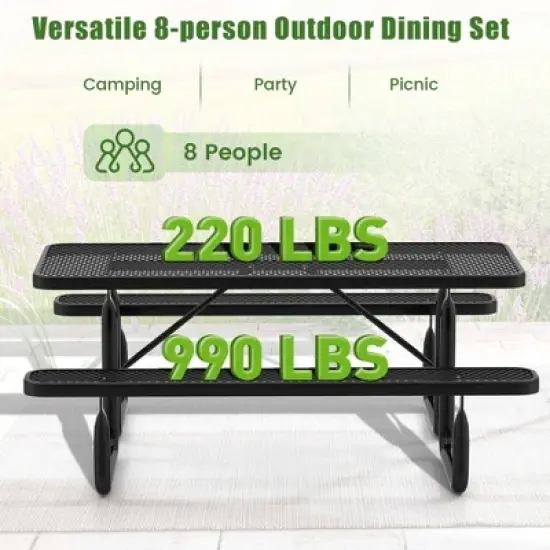 Costway 72" Coated Steel Camping Table with Seats Outdoor Picnic Table & Bench Set for 8 Black image {6}