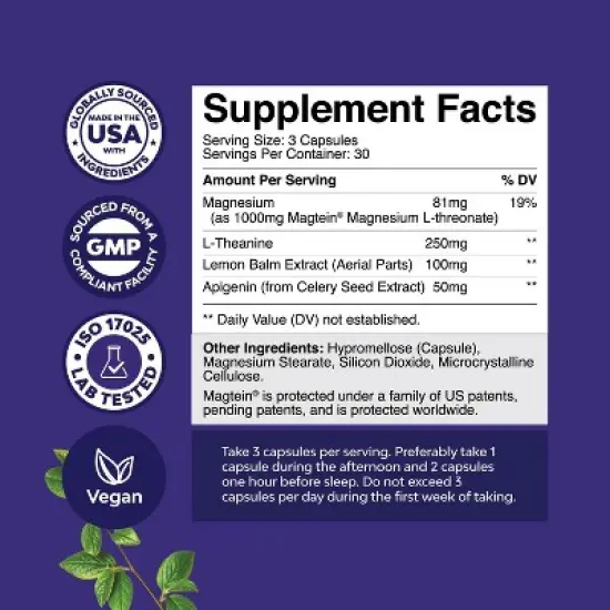 Magnesium Sleeplex Capsules, High Absorption Supplement with Magnesium Threonate, L-Theanine & Apigenin for Calming Sleep, Nature's Craft, 90ct image {2}