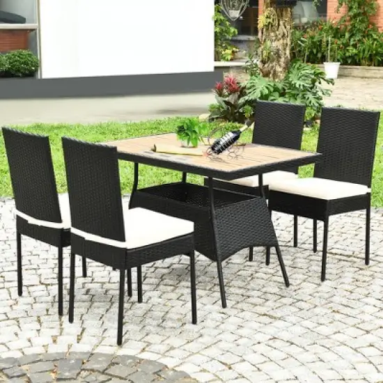 Costway 5 PCS Patio Rattan Furniture Set Wood Top Table Cushioned Chairs Garden Yard Deck image {2}
