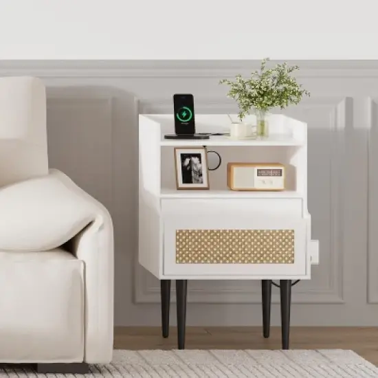 GustoWave Nightstands Set of 2, Natural Rattan End Table with Charging Station,  with Drawer and Storage Shelf for Bedroom, White image {2}