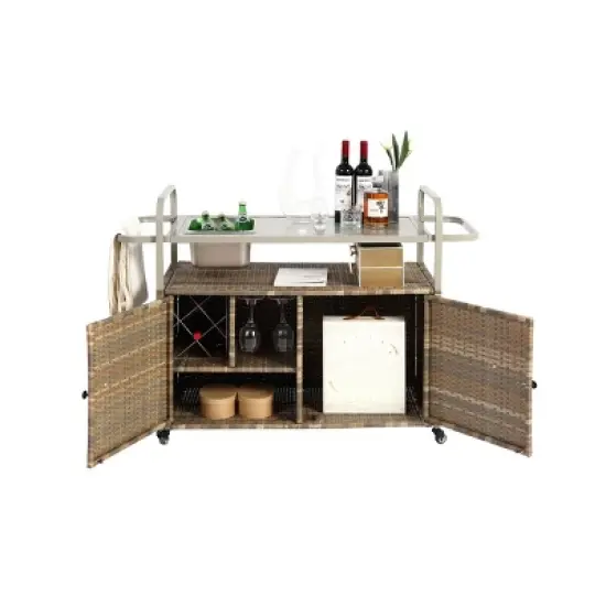 Wicker Outdoor Bar Serving Cart,Wicker Bar Cart With Cabinet,Lockable Wheels,Steel Frame Rolling Cart For Garden Backyard-Coolbibila image {2}