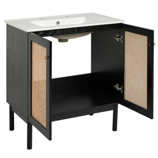 Whisen 30" Bathroom Vanity with Handmade Rattan Doors & Soft-Closing Mechanisms image {9}