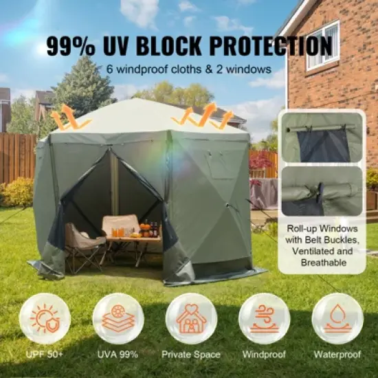 VEVOR Pop Up Gazebo Tent, Pop-Up Screen Tent 6 Sided Canopy Sun Shelter, 10x10FT Quick Set Screen Tent with Mosquito Netting, Army Green image {2}