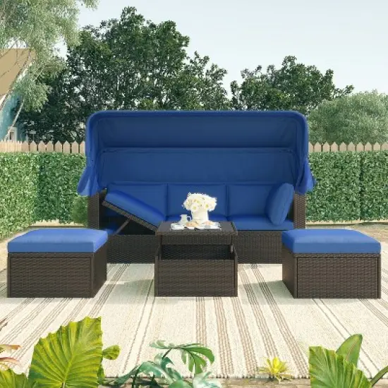 Outdoor Patio Rectangle Daybed with Retractable Canopy, Wicker Furniture Sectional Seating with Washable Cushions, Backyard, Porch image {1}