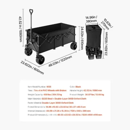 VEVOR Foldable Wagon with Extended Tailgate, 450lbs & 300L Large Capacity Collapsible Wagon Cart, Heavy Duty Folding Utility Carts, Black image {7}