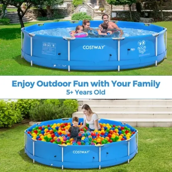 Costway Round Above Ground Swimming Pool Patio Frame Pool W/ Pool Cover Iron Frame image {4}