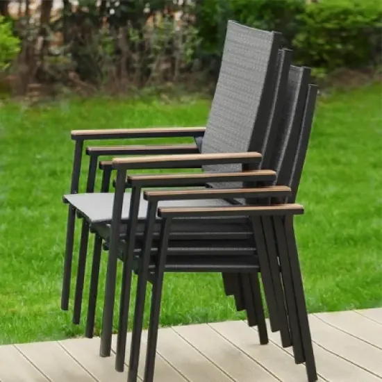 Captiva Designs 7pc Patio Slat-top Adjustable Rectangular Table & Gray Textilene Aluminum Chairs image {8}