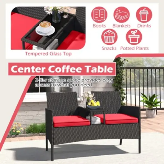 Tangkula Outdoor Rattan Loveseat 2-Seat Patio Conversation Set with Built-in Coffee Table Cushions Wicker Bench Furniture image {4}