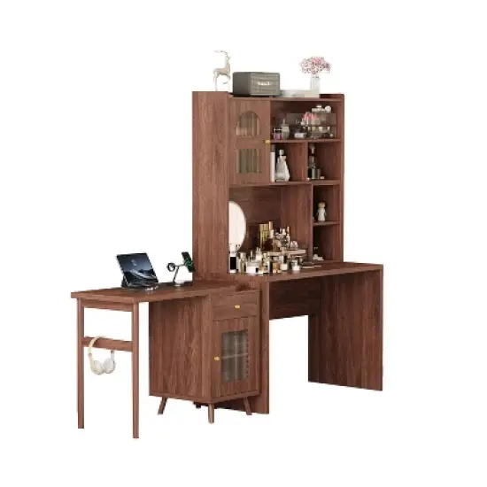 Gulches Computer Desk with 90 Rotating Desktop Office Desk Storage Drawer Cabinets Shelves Gaming Writing Desk Home Office Brown image {3}
