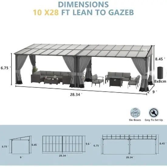 ALAULM 10&rsquo; x 28&rsquo; Wall Mount Gazebo Outdoor Pergola, Lean to Gazebo Canopy Awnings with Sloped Roof and Steel Frame image {1}
