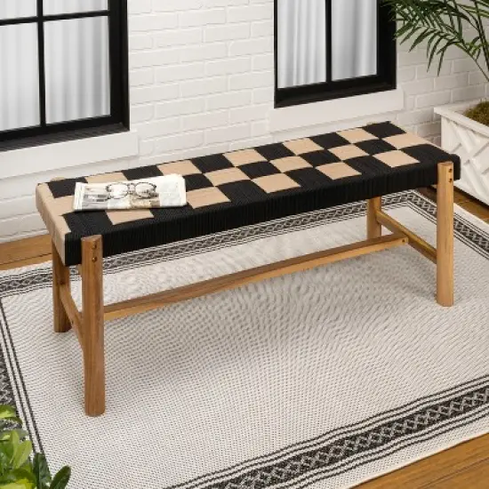 JONATHAN Y Denis 48" 2-Seat Backless 700-Lbs Support Acacia Wood Outdoor Bench With Checkerboard Woven Rope Seat image {1}