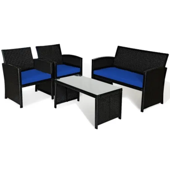 Costway 4PCS Patio Rattan Furniture Conversation Set Cushion Sofa Table Garden Turquoise\Navy image {9}