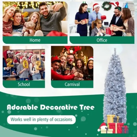 Costway 7 FT Pre-Lit Christmas Tree Hinged Slim Pencil w/ 350 LED Lights 670 Branch Tips image {8}