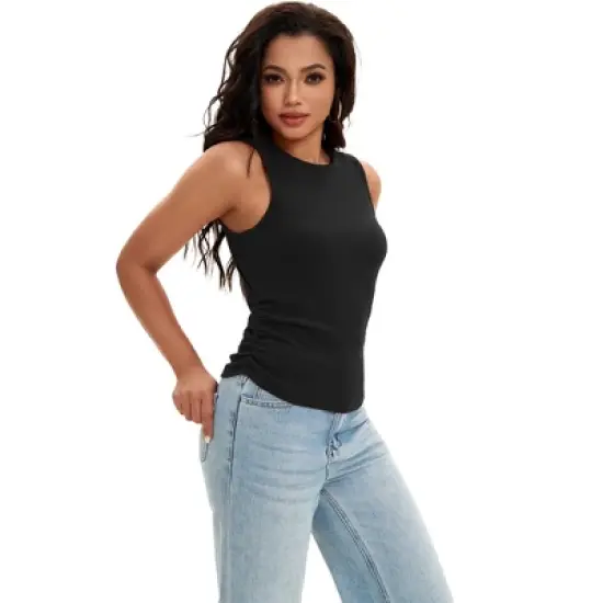 ATHLECHIC Women's Summer Ruched Ribbed Crew Neck Sleeveless Tank Tops image {2}