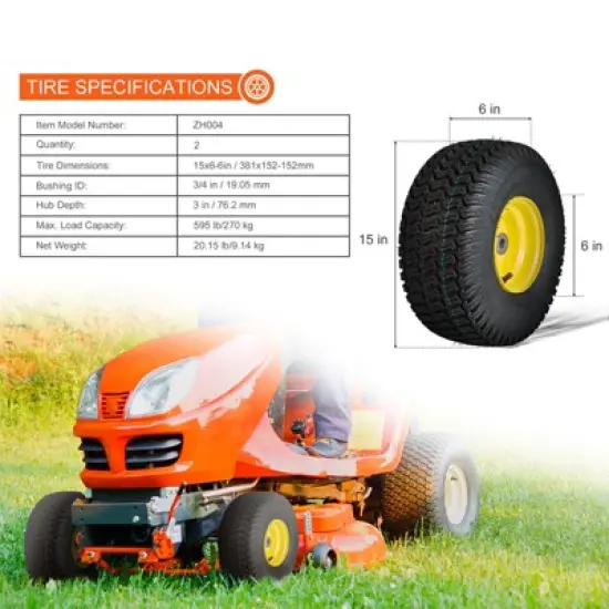 VEVOR Lawn Mower Tires with Rim, 15x6-6" Tubeless Tractor Tires, 2-Pack Tire and Wheel Assembly, S-Turf Pneumatic Tires, 3" Offset Hub, Black image {7}