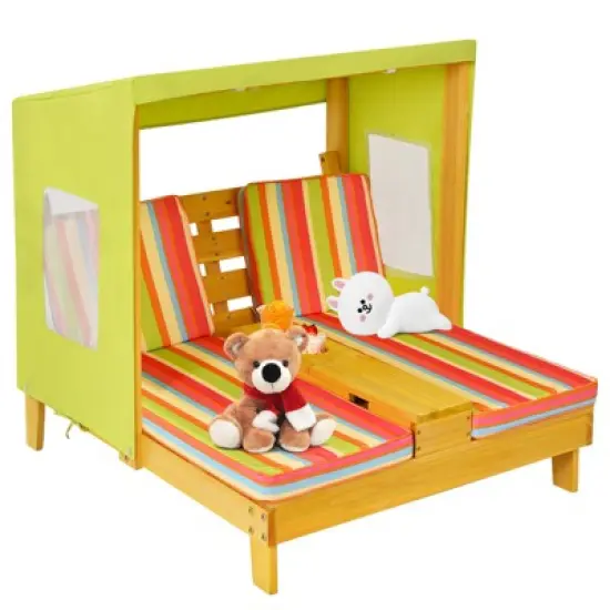 Tangkula Kids Patio Double Chaise Lounge Outdoor Wooden Recliner w/Canopy & Cup Holder image {5}