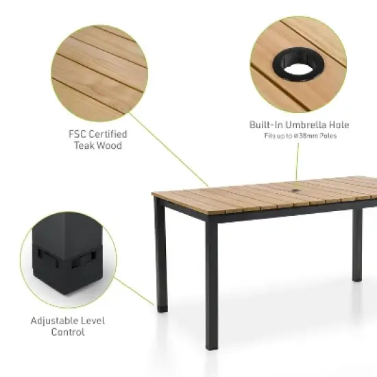 Greemotion 59" Mackay Teak Wood & Metal Rectangle Outdoor Dining Table with Umbrella Hole Natural: Scandinavian Style, Seats 6 image {1}