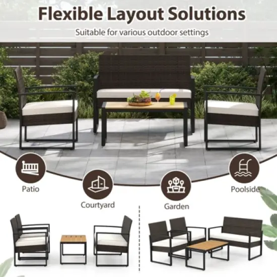 Tangkula Set of 8 PE Rattan Patio Conversation Set Outdoor Porch Chairs Loveseat with Coffee Table and Soft Cushions Metal Frame image {6}