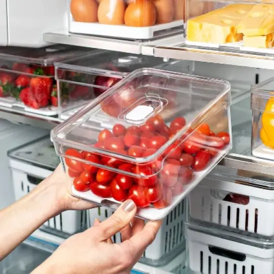 OU Fridge Organizer Bin with Drain Tray & Vented Lid, 2.3qt Clear Stackable Refrigerator Storage Bin, Produce Kitchen Storage Container, BPA Free image {1}