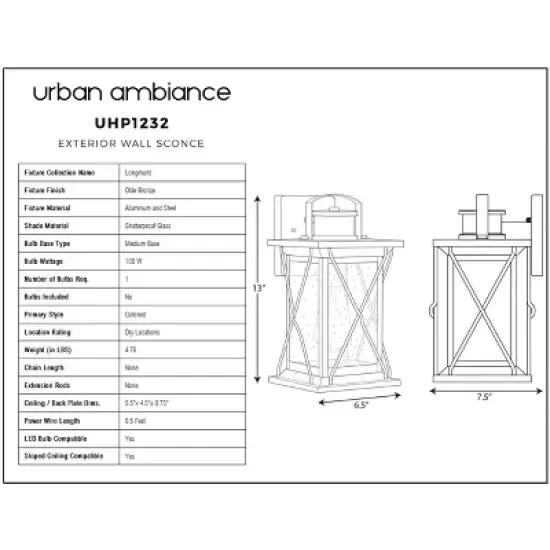 Urban Ambiance Luxury Colonial Outdoor Wall Light,  13"H x 6.5"W,  Olde Bronze Finish, UHP1232 image {7}