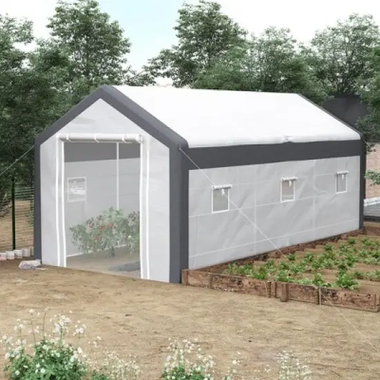 Outsunny 20' x 10' x 9' Walk-In Greenhouse, Outdoor Gardening Canopy with 6 Roll-up Windows, 2 Zippered Doors & Weather Cover, White image {1}