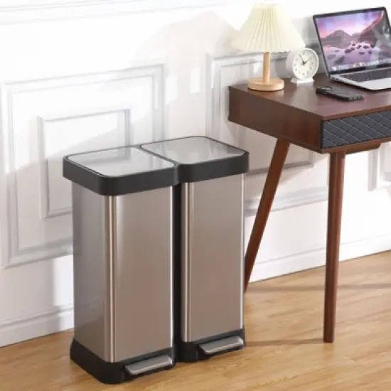 66 Liter / 17.5 Gallon Rectangular Dual Compartment Recycling Kitchen Step Trash Can with Soft-Close Lid, 30L+36L Two Compartment Recycle Bin image {1}