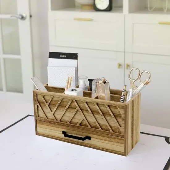 Blu Monaco Natural Wood Desktop Pen Organizer with Drawer image {2}