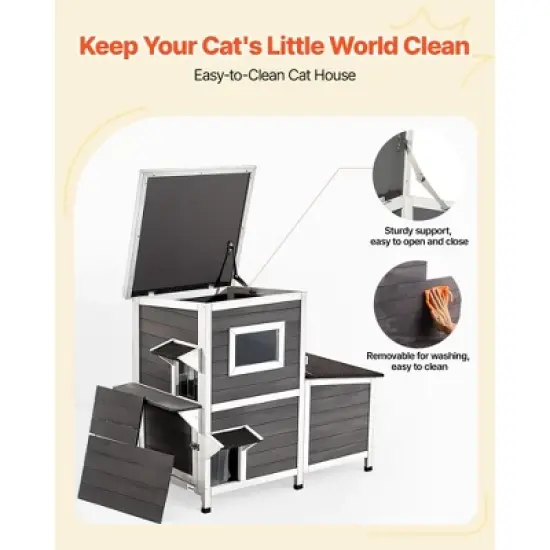 VEVOR Outdoor Cat House, 2-Story Wooden Cat Shelter for 3 Outside Cats in Winter, Elevated Feral Kitty Shelter with Stairs, White&Grey image {6}