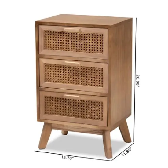 Baden Wood with Rattan 3 Drawer Nightstand Walnut Brown - Baxton Studio image {11}