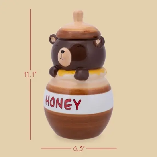 100 North Ceramic 11 inch Everyday Cookie & Candy Jar with Airtight Lid: Kitchen Canisters, Pet Treat Containers, Smiling Brown Bear in Honey Jar image {1}