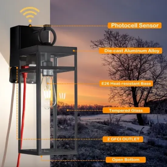 ALOADECOR 1 Light Black Dusk to Dawn Sensor Outdoor Wall Lantern Coach Sconces Light with Clear Glass and built-in GFCI Outlets (2 Pack) image {6}