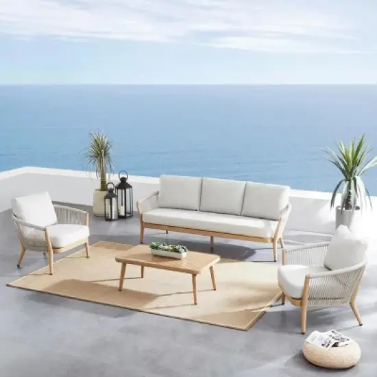 Imitation Teak 4Piece Patio Furniture Suite Modular Sofa & Accent Chair Set with Corded Weave Sides + Square Geometric Grain Table image {2}