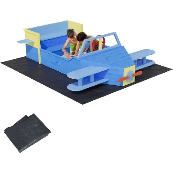 Airplane Wooden Sandbox &ndash; Kids Outdoor Sandpit with Drainage Liner, Foldable Benches & Playful Design for Backyard, Ages 4+ image {7}