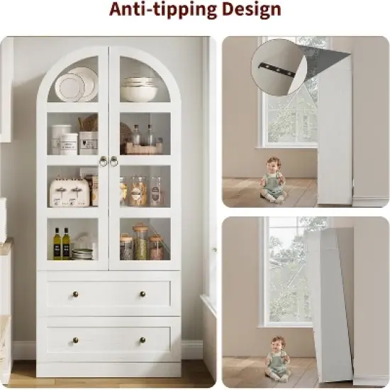 Nasitip 72" Arched Kitchen Pantry Cabinet, Retro  Tall Farmhouse Storage Cabinet with 2 Glass Doors, Drawers, and Adjustable Shelves image {6}