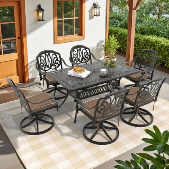 7-Piece Rectangle Cast Aluminum Outdoor Patio Dining Set with Swivel Chairs & Brown Cushions & Umbrella Hole image {11}