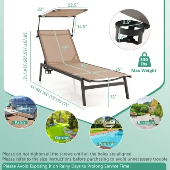 Costway 2 PCS Outdoor Chaise Lounge Chair with Sunshade 6-Level Adjustable Recliner image {2}
