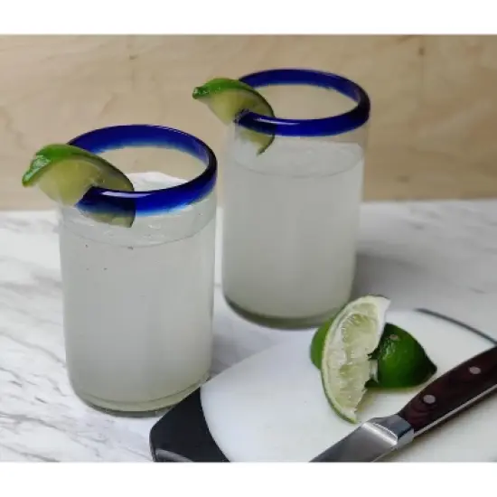 Dos Sue&ntilde;os Mexican Hand Blown  Drinking Glasses - Blue Rim - 14oz - Set of 6 image {1}