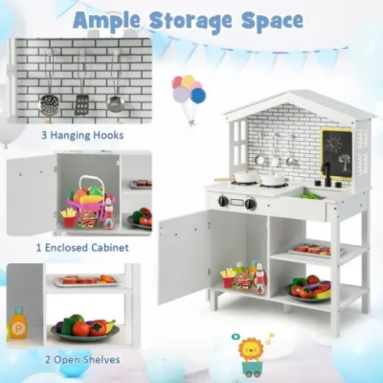 Costway Kids Farmhouse Kitchen Play Set Wooden Pretend Toy with Storage & Accessories image {6}