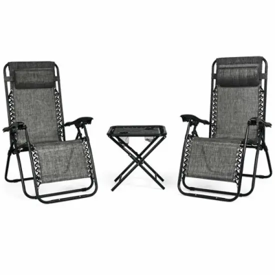 Costway 3PCS Zero Gravity Recliner Lounge Chairs Pillows Table Portable Folding Grey image {3}