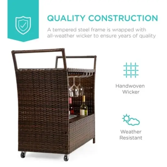 Best Choice Products Wicker Outdoor Rolling Bar Cart w/ Ice Bucket, Glass Countertop, Glass Holders, Storage - Brown image {5}