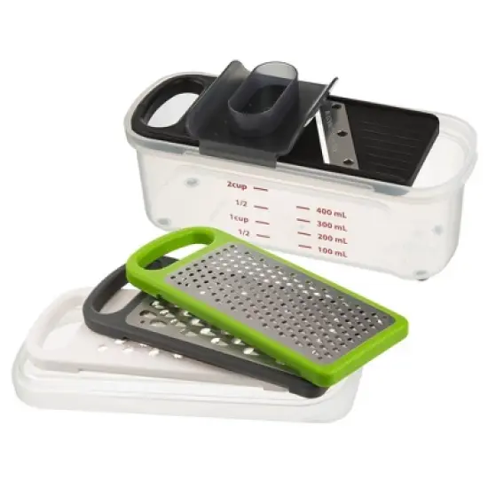 Prepworks Compact Grate and Slice Set: Mandoline & Veggie Slicer, 4 Blades, Dishwasher-Safe, Green/Gray/Black image {7}