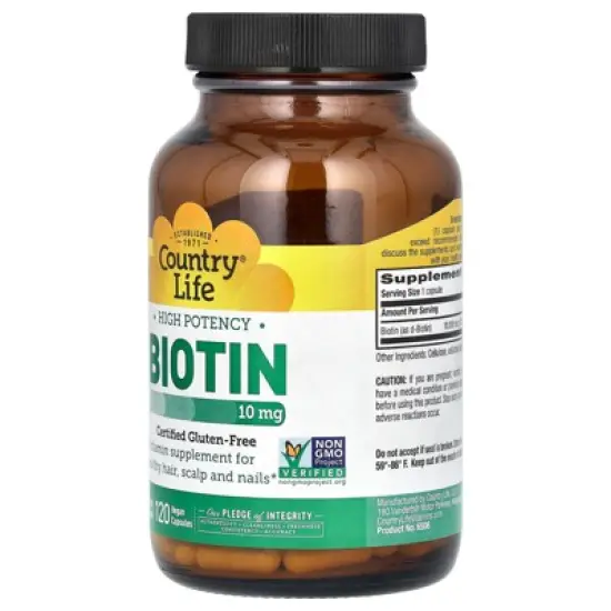 Country Life Biotin, High Potency , 10 mg, 120 Vegan Capsules image {3}