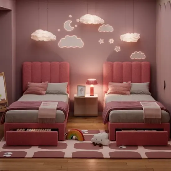 2 Sets Twin Bed Frame with Under-Bed Drawer, Boucle Upholstered Platform Bed with Wave Headboard, Wooden Slats Support, No Box Spring Needed, Pink image {7}