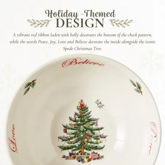 Spode Christmas Tree Revere Bowl - Checkered Exterior & Holly Accents, Festive Candy Dish or Snack Bowl with Sentiments Inside, 6" Porcelain image {2}
