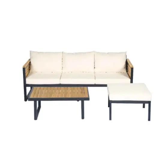 3 PCS Outdoor Sofa Set, 3-Seater Sofa Set with Table and Ottoman, Acacia Wood Sofa with Metal Frame and Polyester Cushion-Coolbibila image {4}