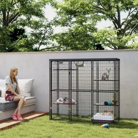 PawHut Weld Wire Catio Outdoor Indoor, Cat Enclosure with Waterproof Cover, 4 Jumping Platforms, Hammock, for 1-3 Kittens, 69" x 22" x 62", Black image {4}