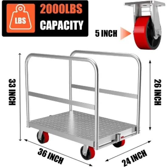 2 in 1 Heavy Duty Platform Truck with 1 Front & 2 Side Handrails, Panel Truck Cart, 2000Lb Capacity Drywall Cart with Swivel Casters, Flatbed Dolly image {1}