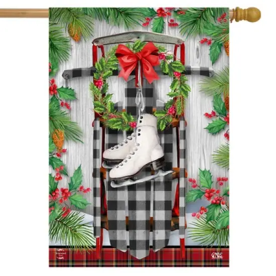 Briarwood Lane Winter Sled House Flag Checkered Skates Fir Berrie image {1}