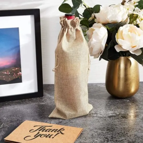 Juvale 24-Pack Burlap Wine Gift Bag with Jute Drawstring, Natural Linen Wine Bottle Wrapping Holder for Anniversary Wedding Events, 14" x 6" image {1}
